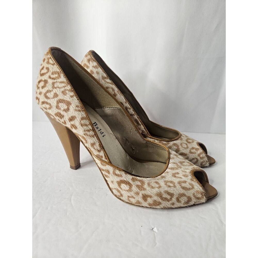 EUC Massimo Baldi Leopard Print Haircalf Peep Toe High Heel Italian Pumps Sz 7